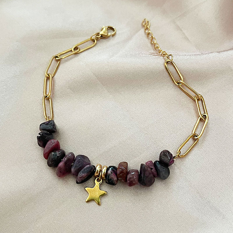 Wholesale natural stone gravel five-pointed star  stainless steel bracelet