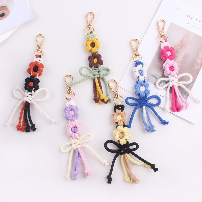 Wholesale Handwoven Cotton Rope Keychain Cartoon Flower Bow In Pink Korean Style Festival Gift
