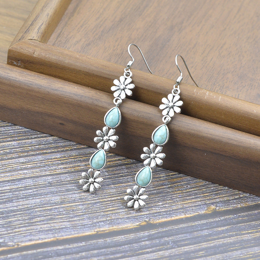 Wholesale Vintage Long Tassel Flower Earrings For Women Antique Silver With Turquoise Inlay Fashion Jewelry Accessory