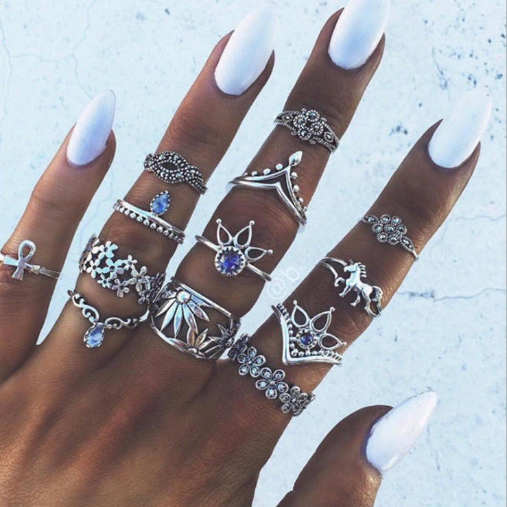 Wholesale Vintage Bohemian Holiday Style Metal Crystal Rings Set