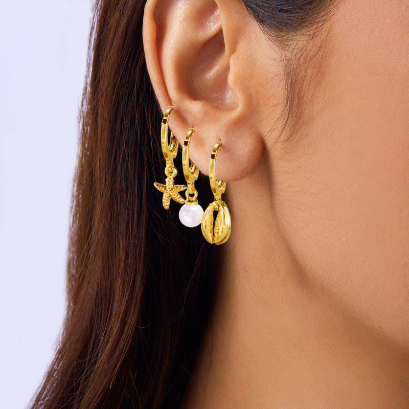 Wholesale  starfish shell pearl ear buckle 3-piece set earrings