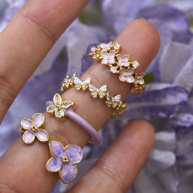 Wholesale Purple Butterfly Flower Open Ring Alloy Zircon Women S Jewelry Stylish Casual Party Gift Accessory