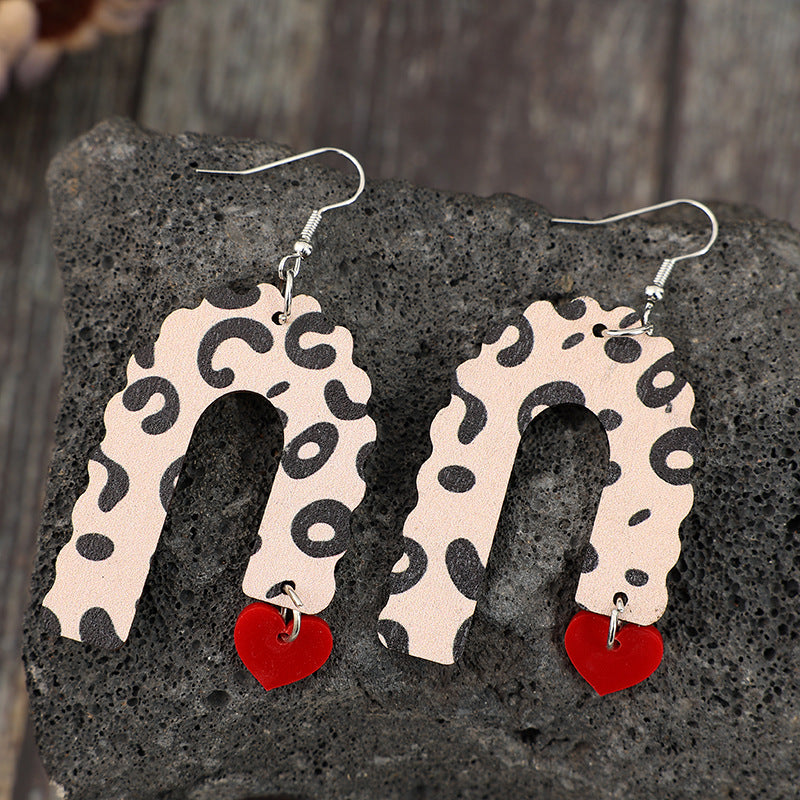 Wholesale Valentine's Day red heart stitching leopard print U-shaped earrings