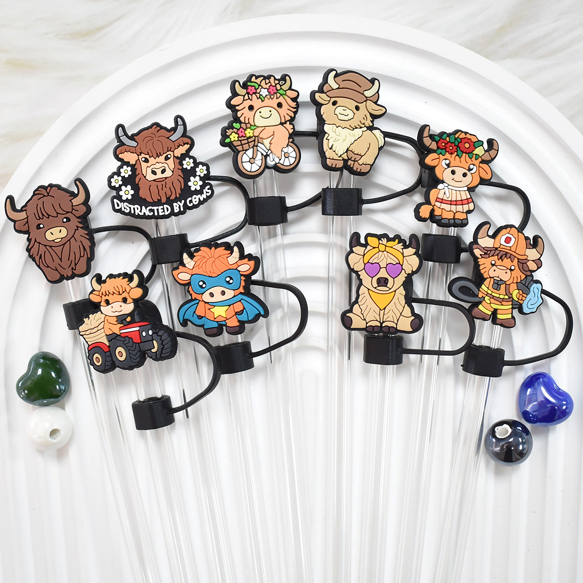 Wholesale Random 100pcs Cartoon West Highland Cattle 10mm Straw Tube Cap ACC-SCR-RYY066