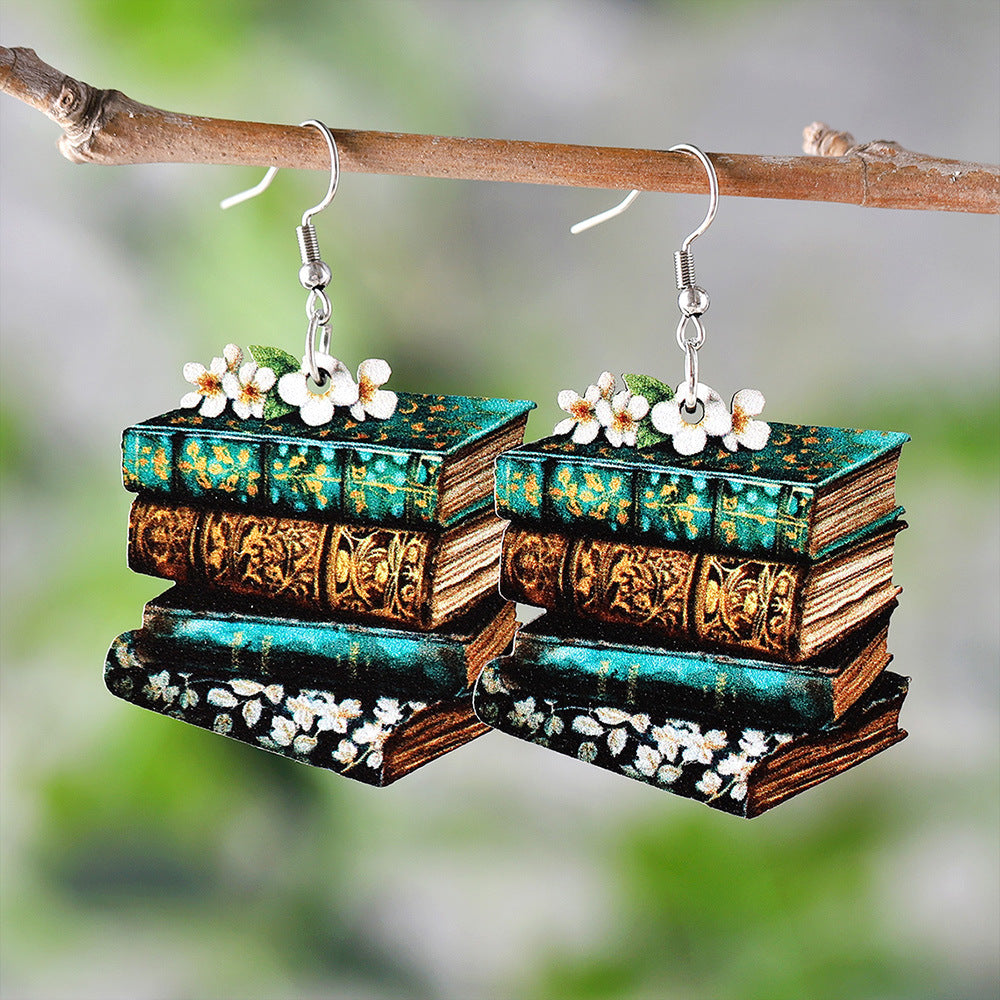 Wholesale Library Book Wood Double Sided Pendant Earrings ACC-ES-ChuLian051