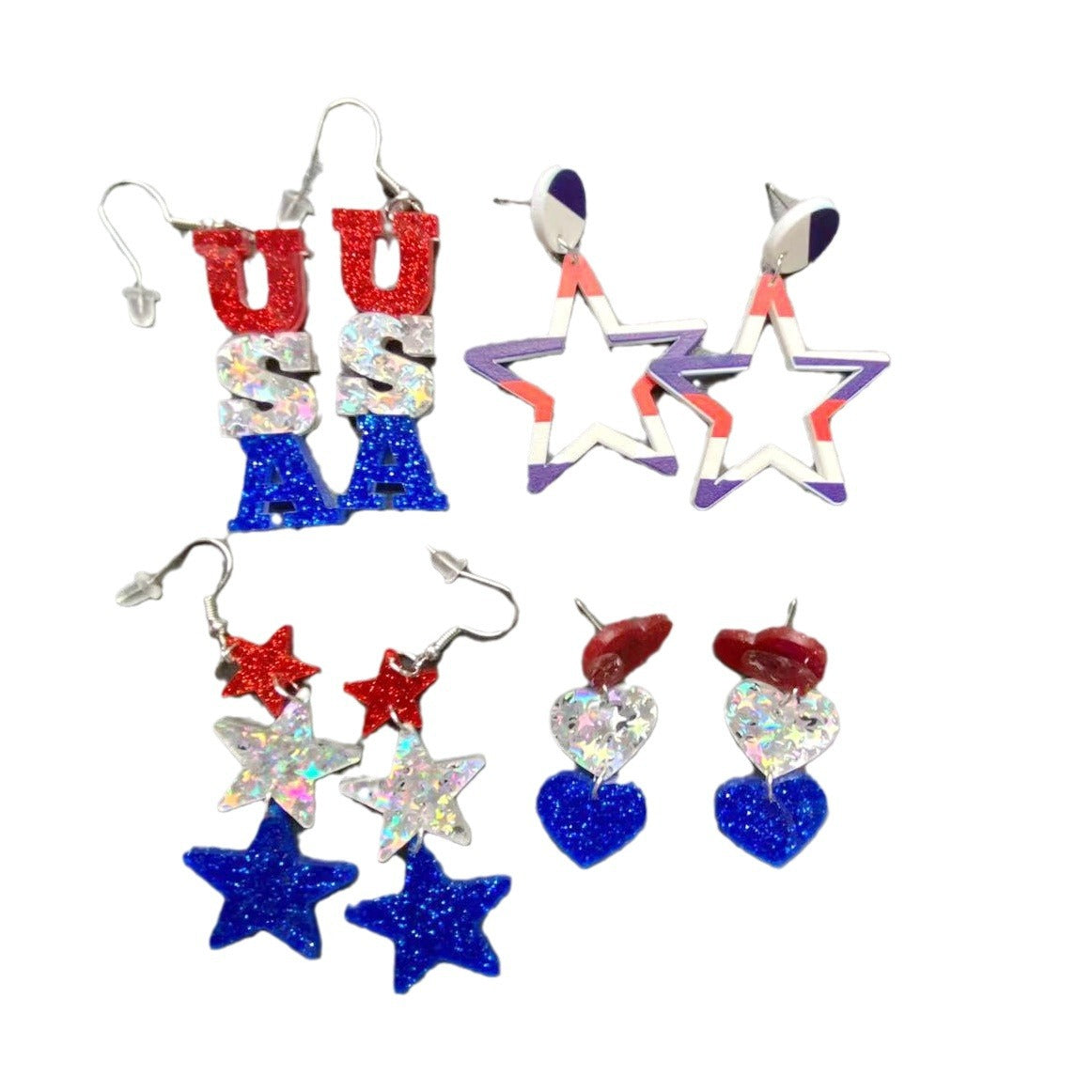 Wholesale American Independence Day Red White and Blue Striped Heart Shape Pentagram USA Acrylic Earrings ACC-ES-XP011