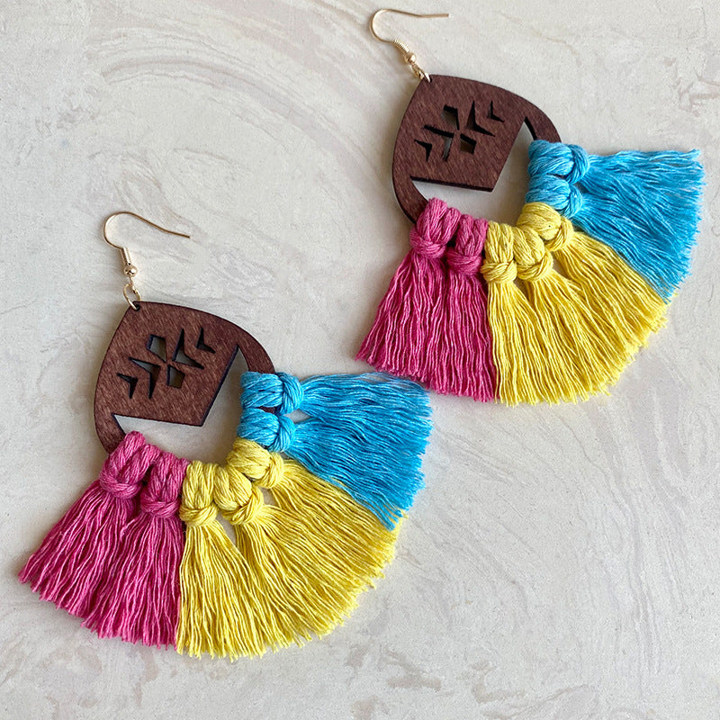 Wholesale 2 Pairs/pack LGBT Rainbow Chess Handwoven Bohemian Tassel Earrings ACC-ES-HY030