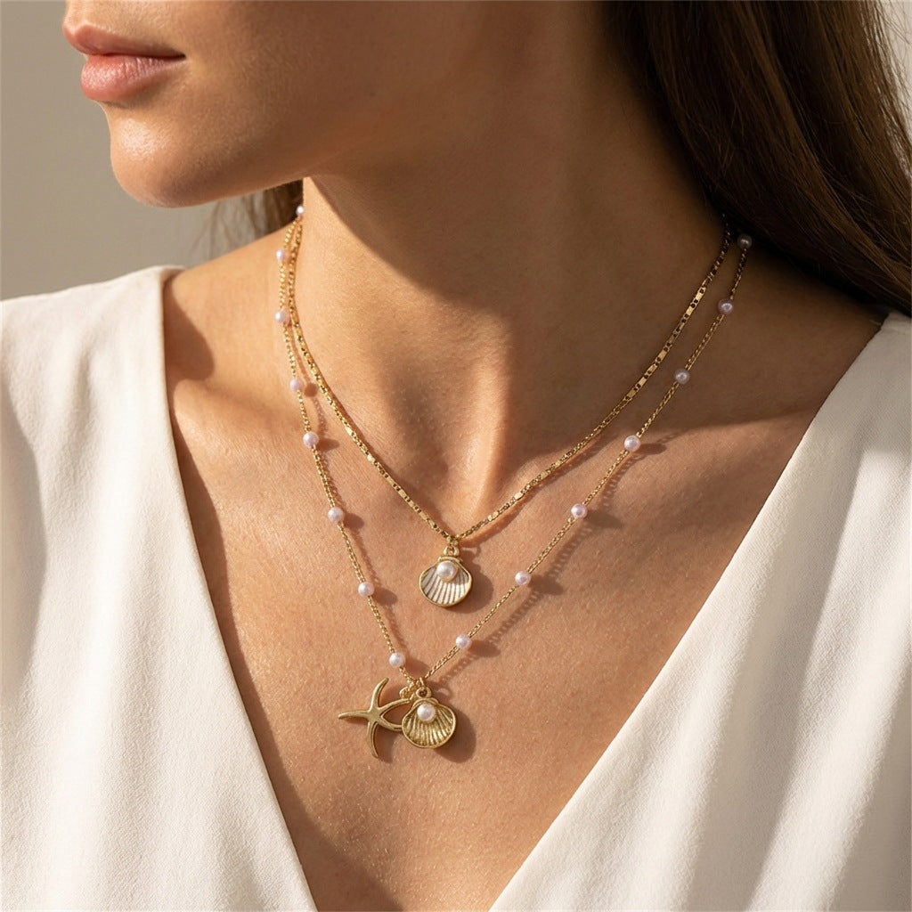 Wholesale Ocean Beach Style Double Layer Shell Starfish Choker Necklace Fashion Layering Jewelry For Party Gift Boutique