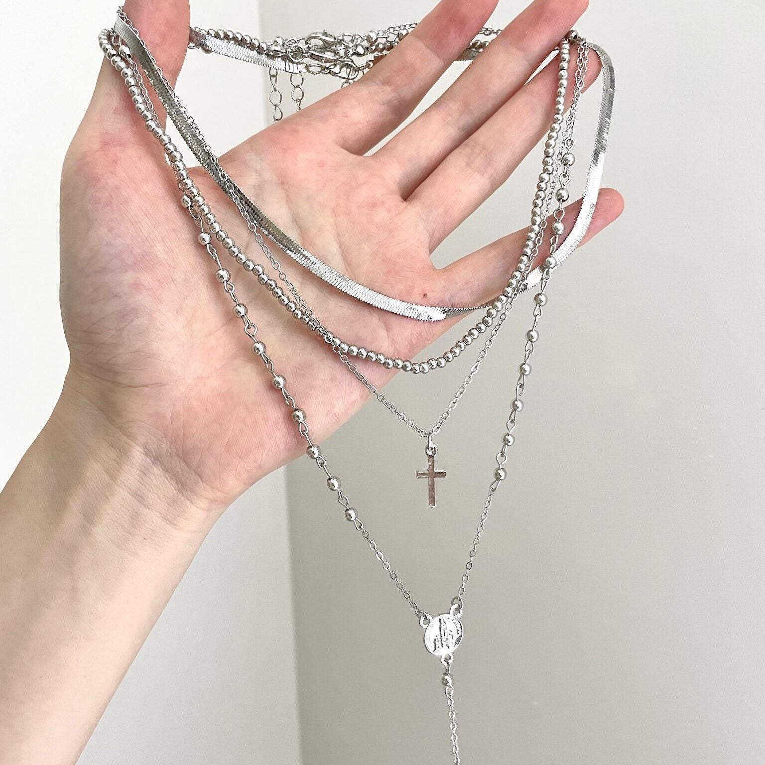 Wholesale Trendy Cross Pendant Layered Clavicle Chain Necklace Silver Tone Vintage Style Fashion Accessory For Everyday