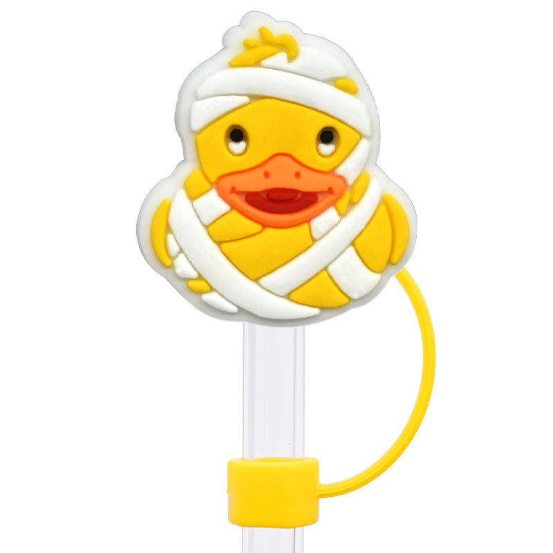 Wholesale Random 100pcs Cartoon yellow duck   10mm PVC Soft Straw Tube Cap