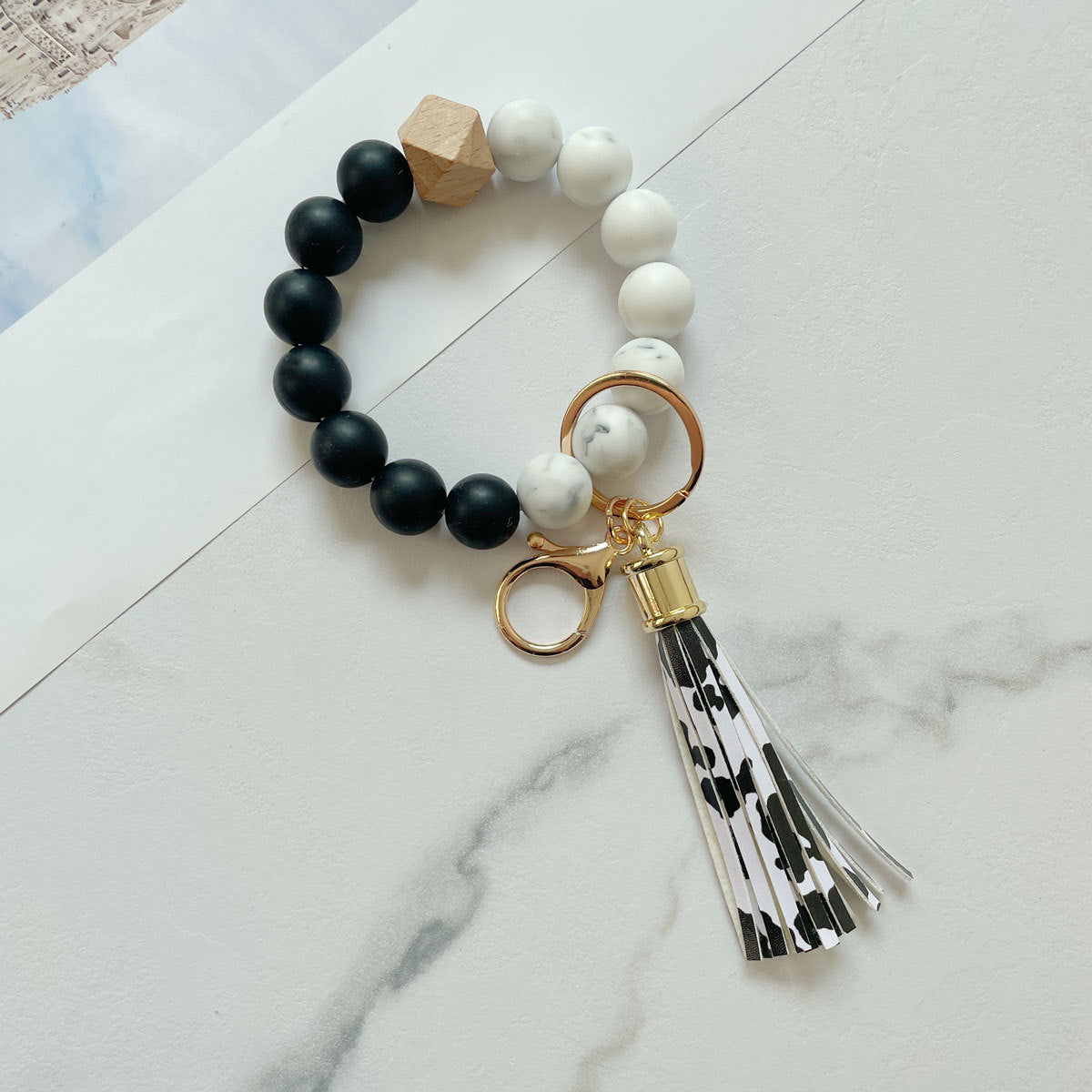 Wholesale Silicone Beads Bracelet Wooden Beads Leopard Print Cow Print Wristlet Keychain ACC-KC-Jinz001