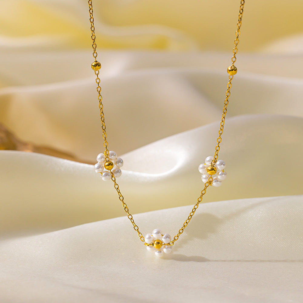 Wholesale Small Fragrance Style Flower Pearl Titanium Steel Necklace Bracelet Set ACC-NE-Tais002