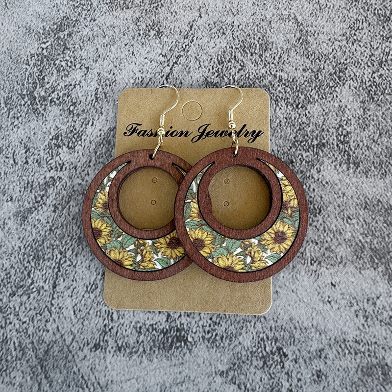 Wholesale Floral wooden earrings sunflower double ring inlaid earrings