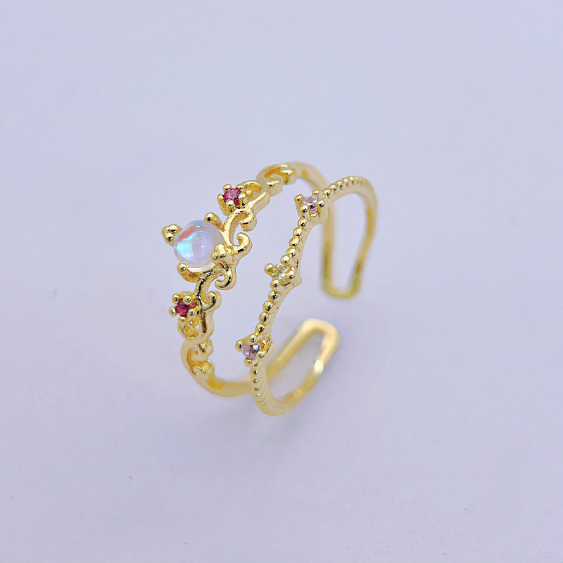 Wholesale Color Diamond Super Sparkling Double Layer Moonstone Open Rings ACC-RS-YXY006