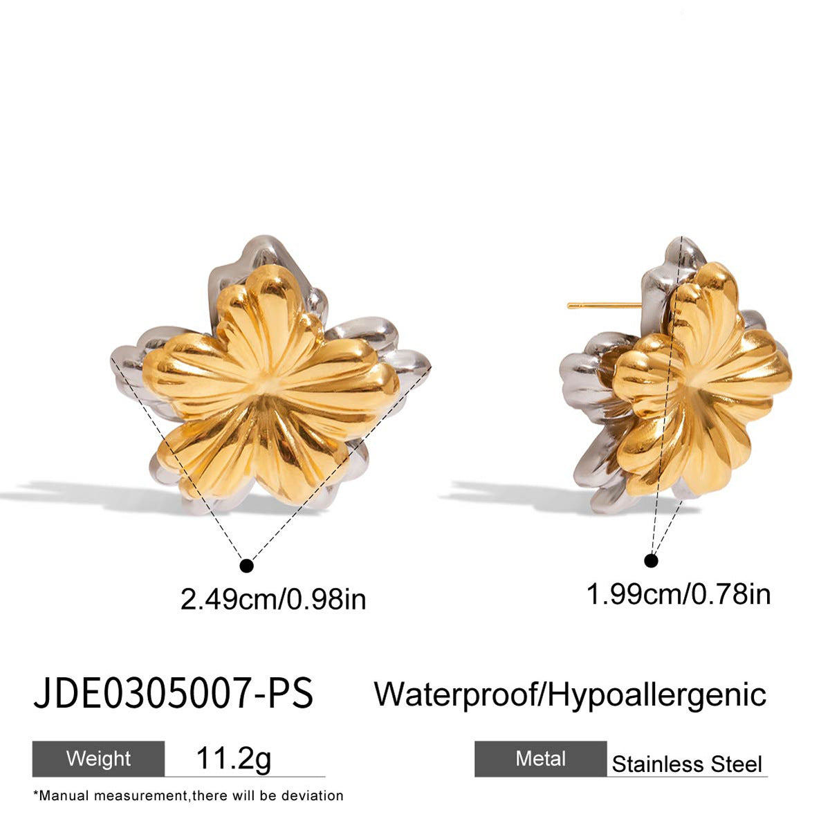 Wholesale 18K Gold and Stainless Steel Gold and Silver Flower Front and Back Earrings