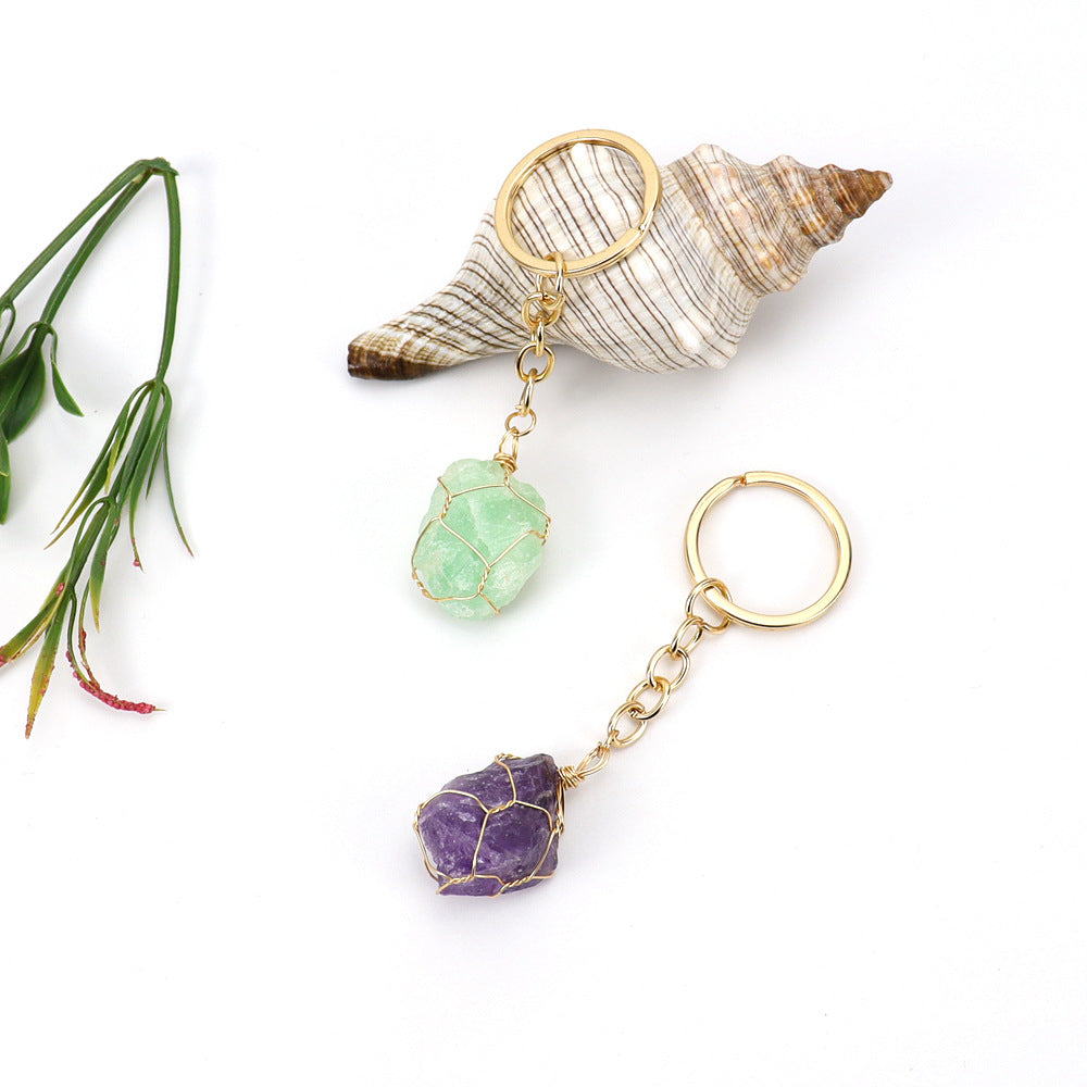 Wholesale Gold Wire Wound Natural Crystal Rough Stone Keychain ACC-KC-HanX006