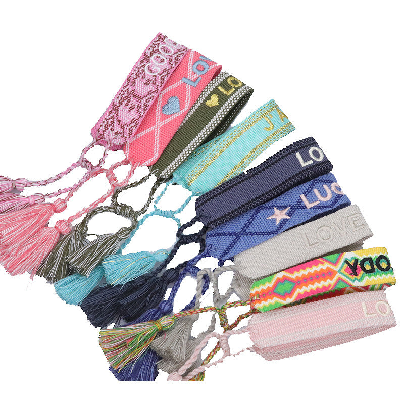 Wholesale Braided letter embroidered tassel bracelet