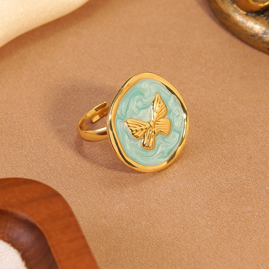 Wholesale butterfly oil drop ring holiday style stainless steel  ring