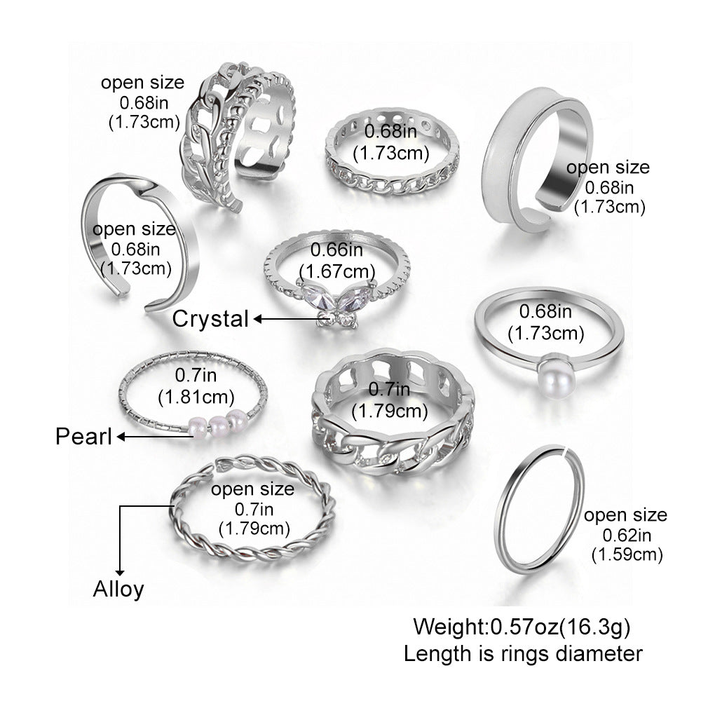 Wholesale pearl ring  personality butterfly combination ten piece set open double chain ring