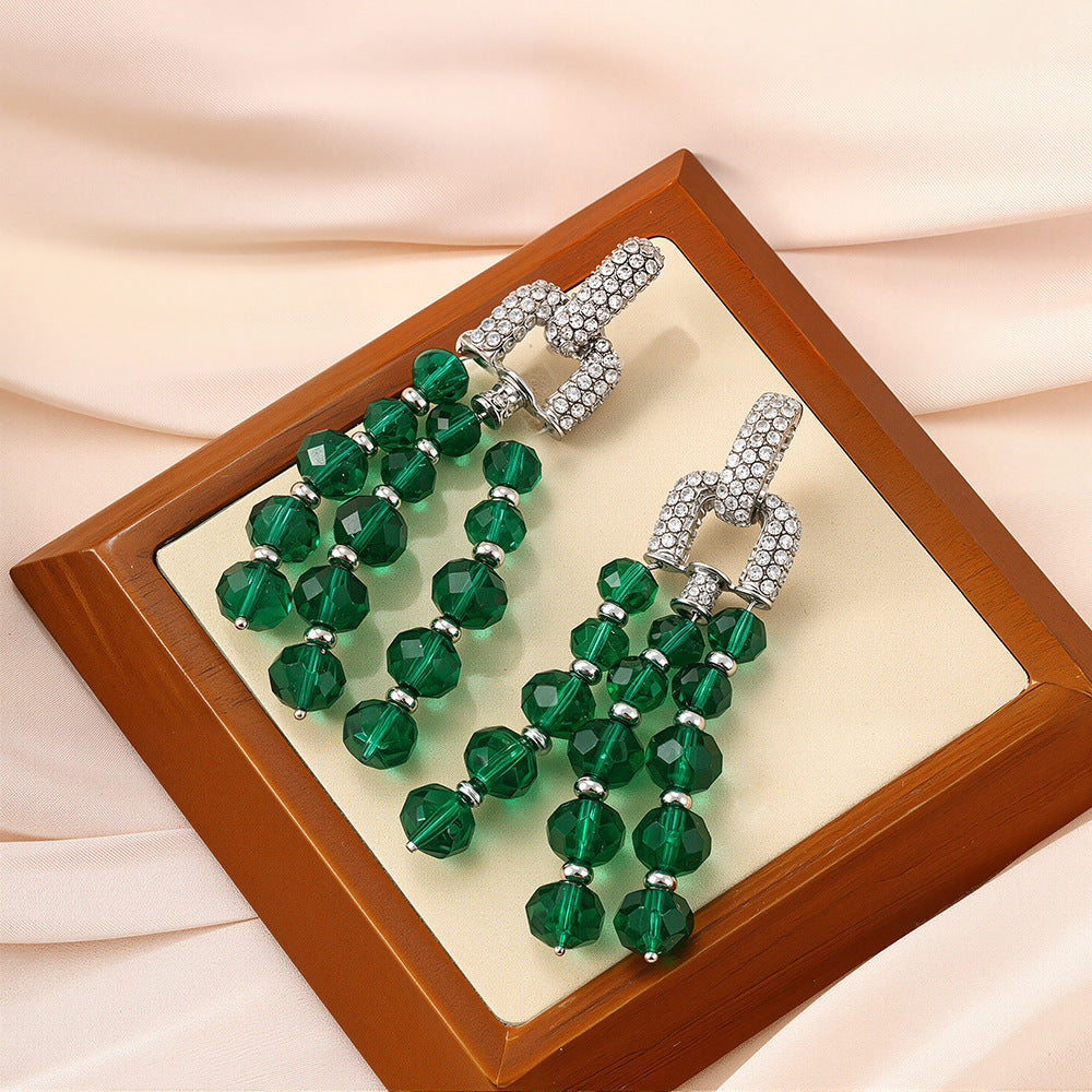 Wholesale Green crystal beaded tassel long light luxury earrings