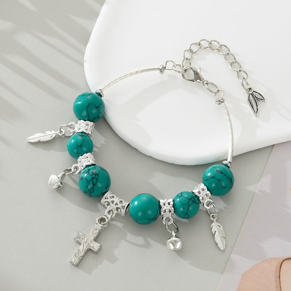 Wholesale Natural turquoise malachite cross bell bracelet