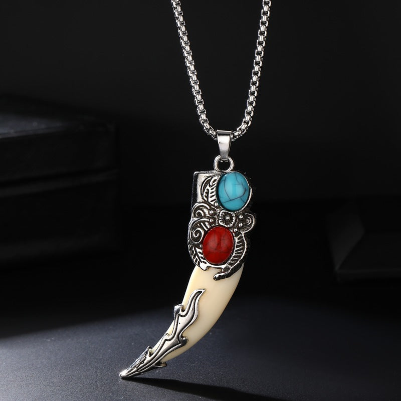 Wholesale Stainless Steel Ethnic Retro Wolf Tooth Pendant Necklace White Charm With Pearl Chain Fashion Accessory For Everyday Wear