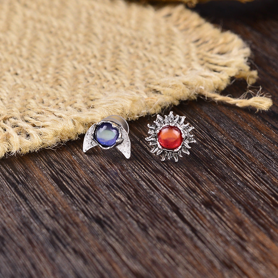 Wholesale European and American Creative Colorful Gemstone Sun and Moon Earrings,  Old Classical Elegant Moonstone Earrings for Women
