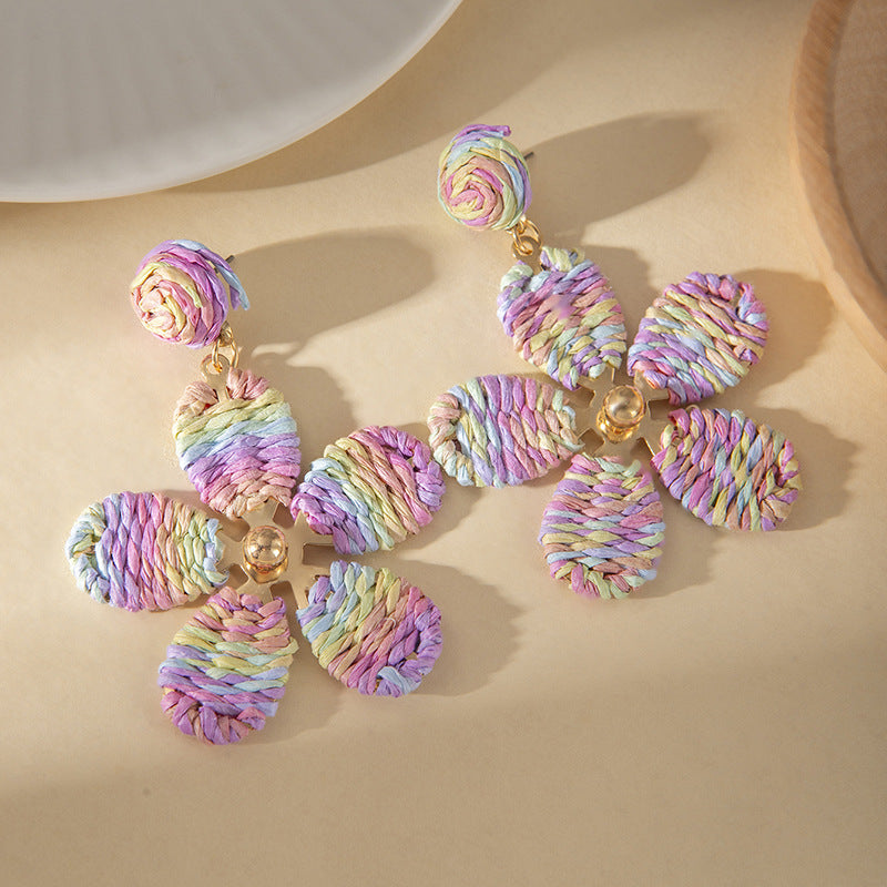 Wholesale Summer Vacation Colorful Woven Raffia Flower Earrings Women S Fashion Accessory Boutique Resale Gift