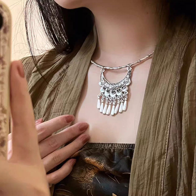 Wholesale Ethnic Style Antique Silver Engraved Long Tassel Chain Necklaces ACC-NE-Miaosi012