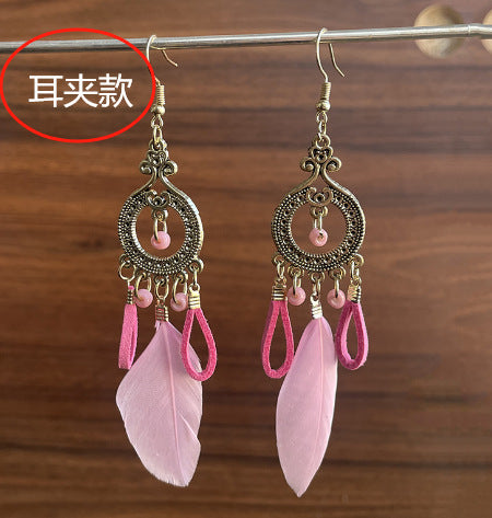 Wholesale Alloy Blue Feather Earrings,  Bohemian Tassel Jewelry Accessory for Beach Vacation