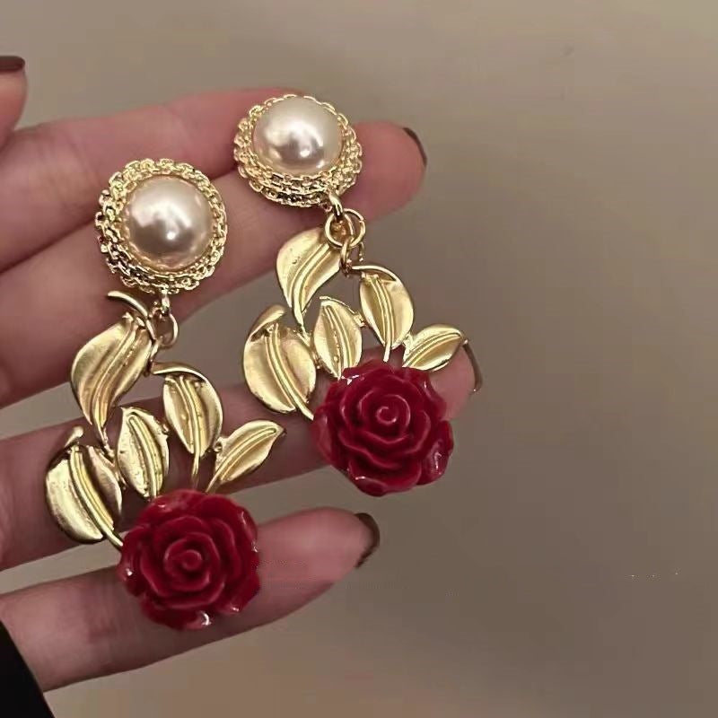 Wholesale Metal Red Rose Flower Earrings