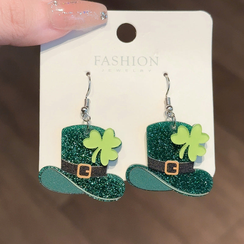 Wholesale Green Four Leaf Clover Hat St. Patrick's Day Beer Festival Earrings