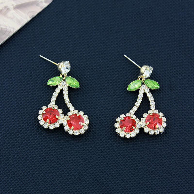Wholesale  Red Rhinestone Cherry Pendant Earrings