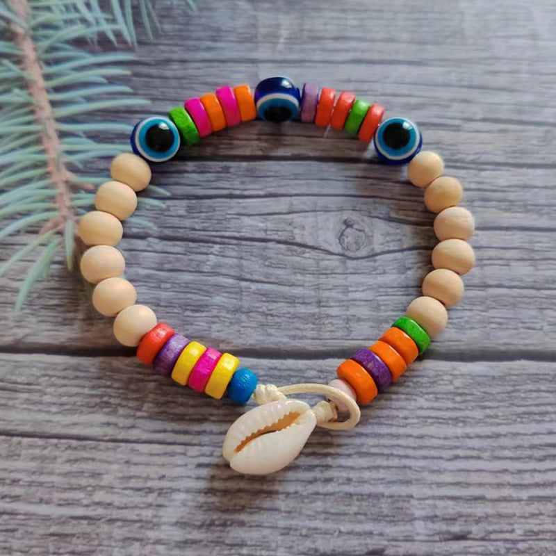 Wholesale Boho Devil's Eye Colored Wooden Beads Natural Shell Bracelet ACC-BT-Youl012