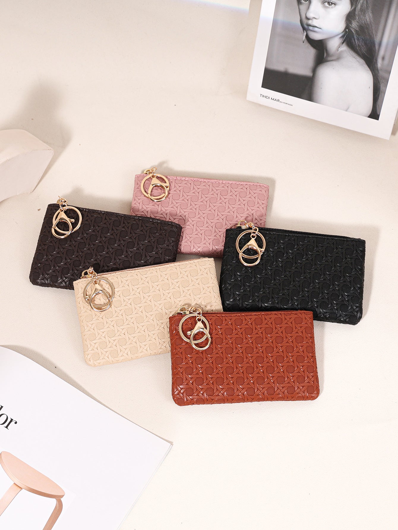 Wholesale Woven Embossed Black PU Wallet Everyday Coin Purse With Lobster Clasp