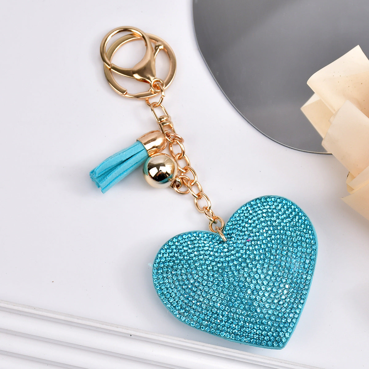 Wholesale  Peach Heart Rhinestone Leather Keychain
