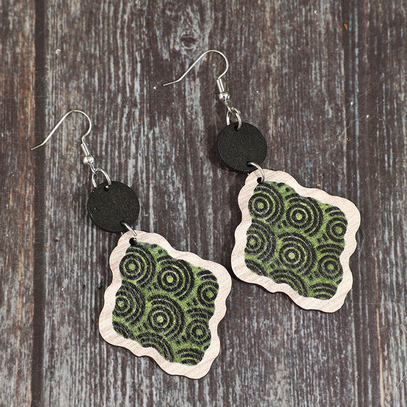 Wholesale Retro Green Swirl Pattern Bohemian Wooden Earrings Fashion Accessory Gift