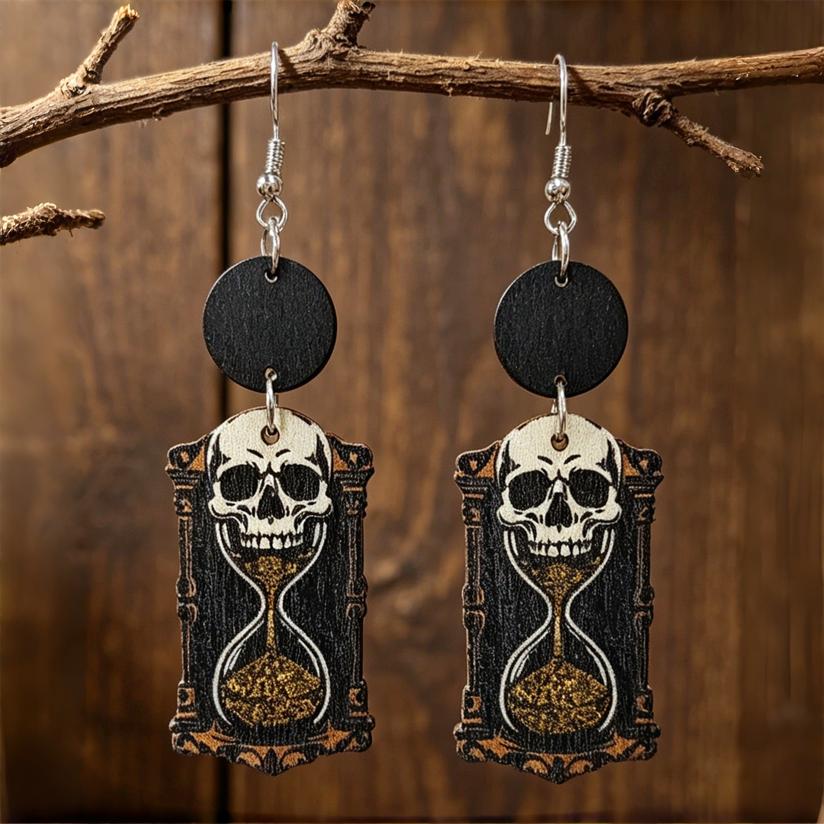 Wholesale Skull Hourglass Wooden Earrings Retro Dark Style  Jewelry Accessory