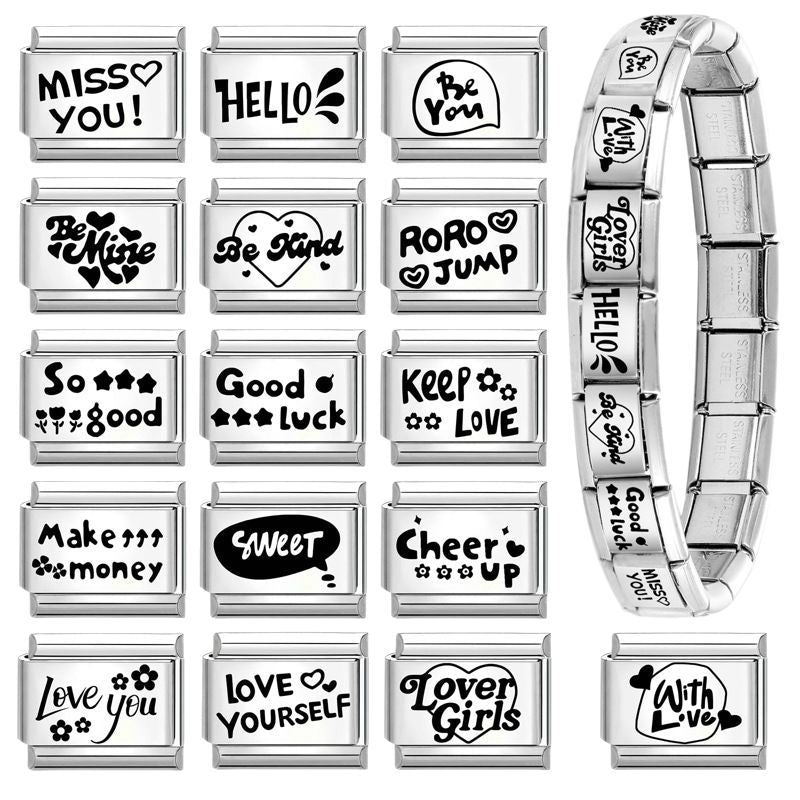 Wholesale Italian Charm Bracelet 9mm DIY Splicing Black and White Lettering Stainless Steel Composable Bracelet