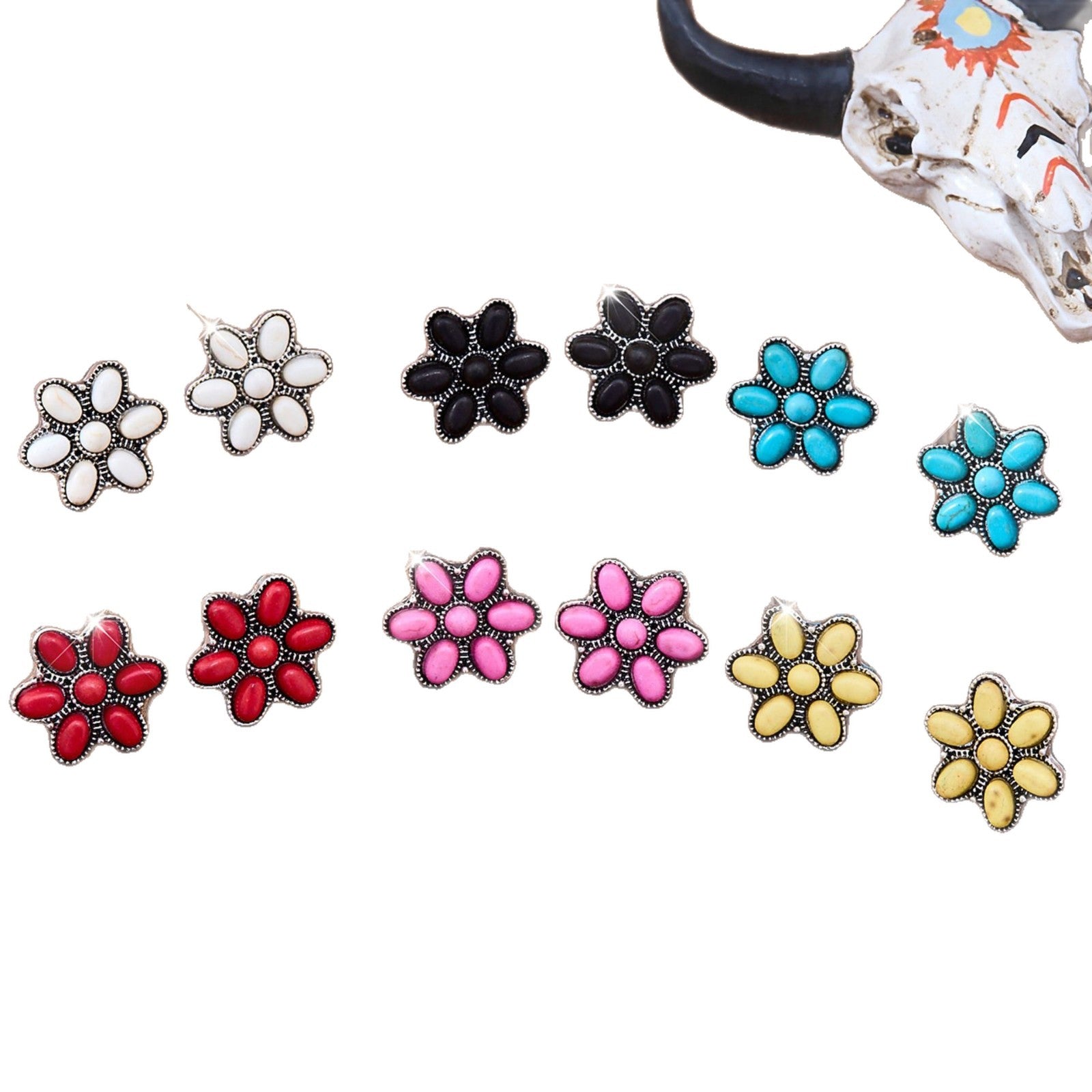 Wholesale Trendy Turquoise Flower Earrings Zinc Alloy Electroplated Ethnic Style Boutique Resale