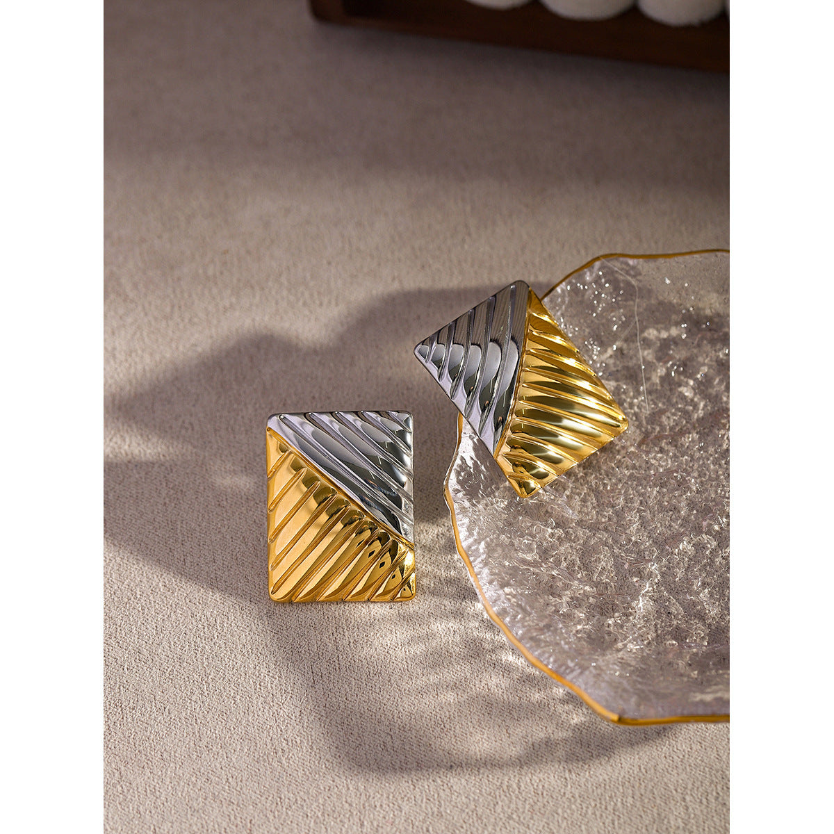 Wholesale 18k Gold Gold and Silver Color Matching Earrings Square Texture Titanium Steel Earrings ACC-ES-JieDing003