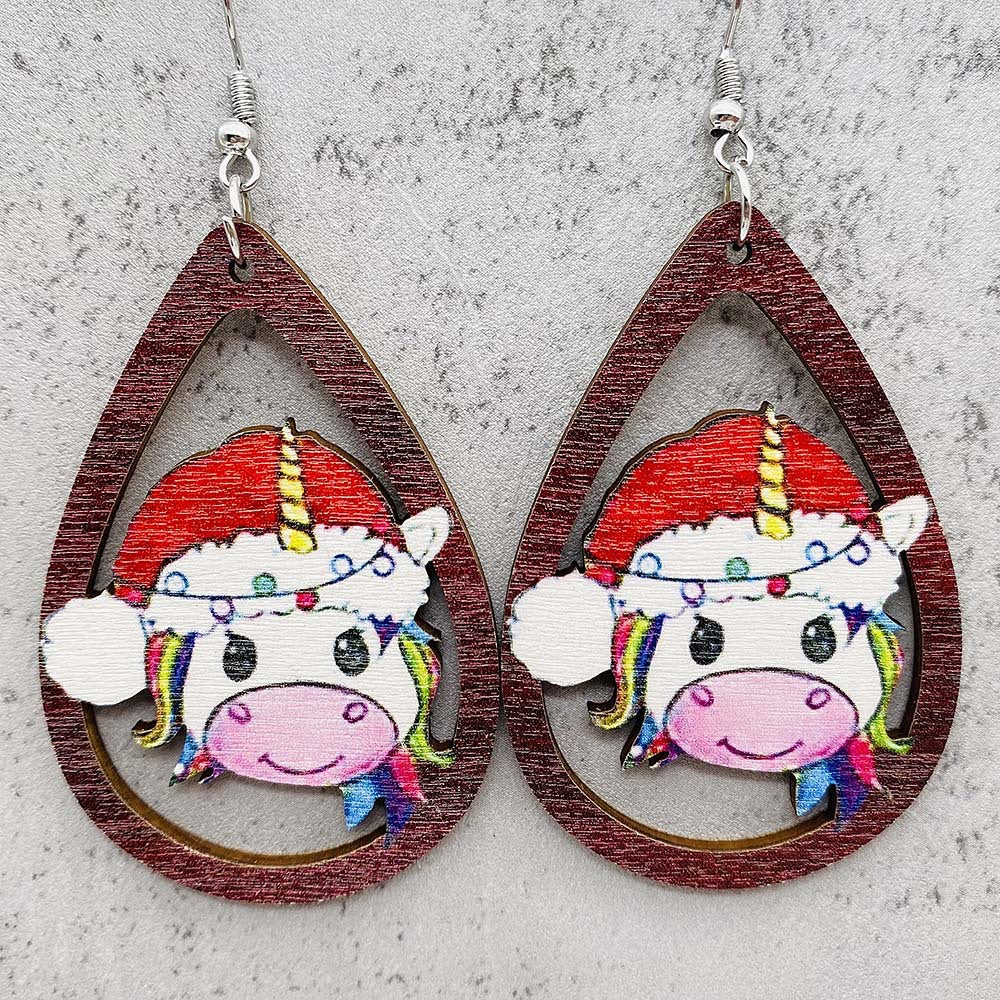 Wholesale Christmas Series Earrings Christmas Hat Football Gloves Bell Printed Wooden Earrings