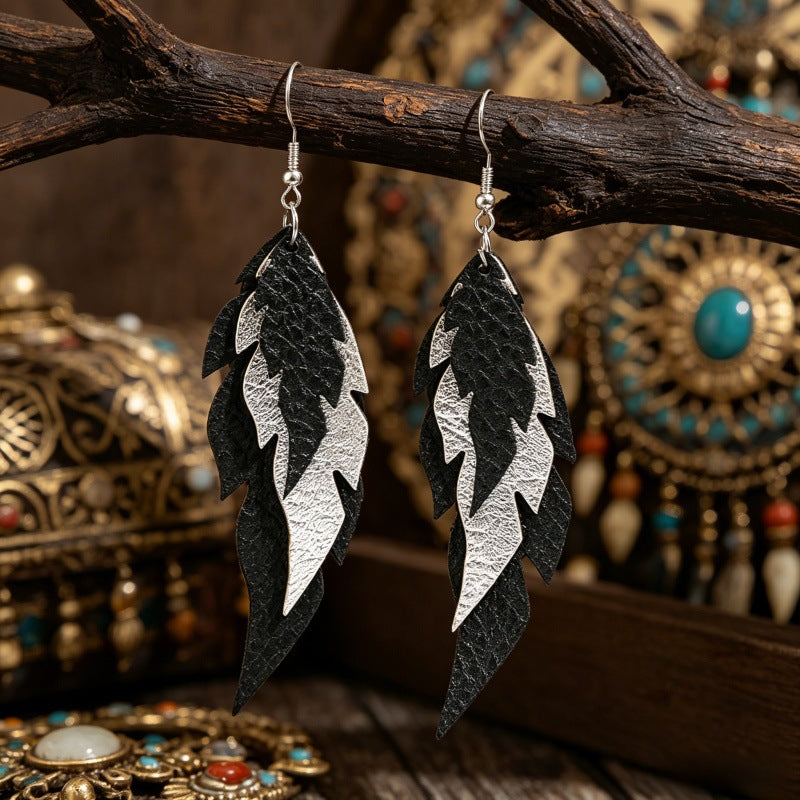 Wholesale Bohemian Black and White Feather Leather Earrings Fashion Jewelry Accessory Gift for Women