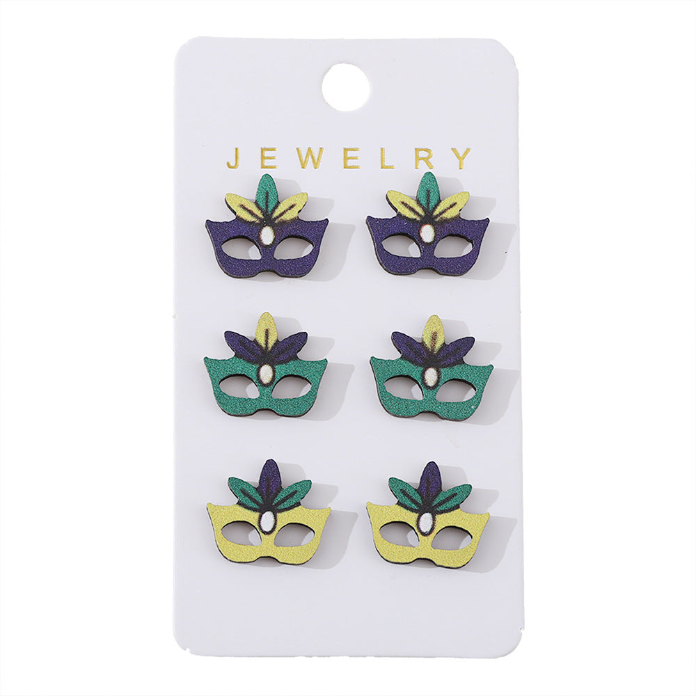 Wholesale carnival colorful clown mask wooden earrings set