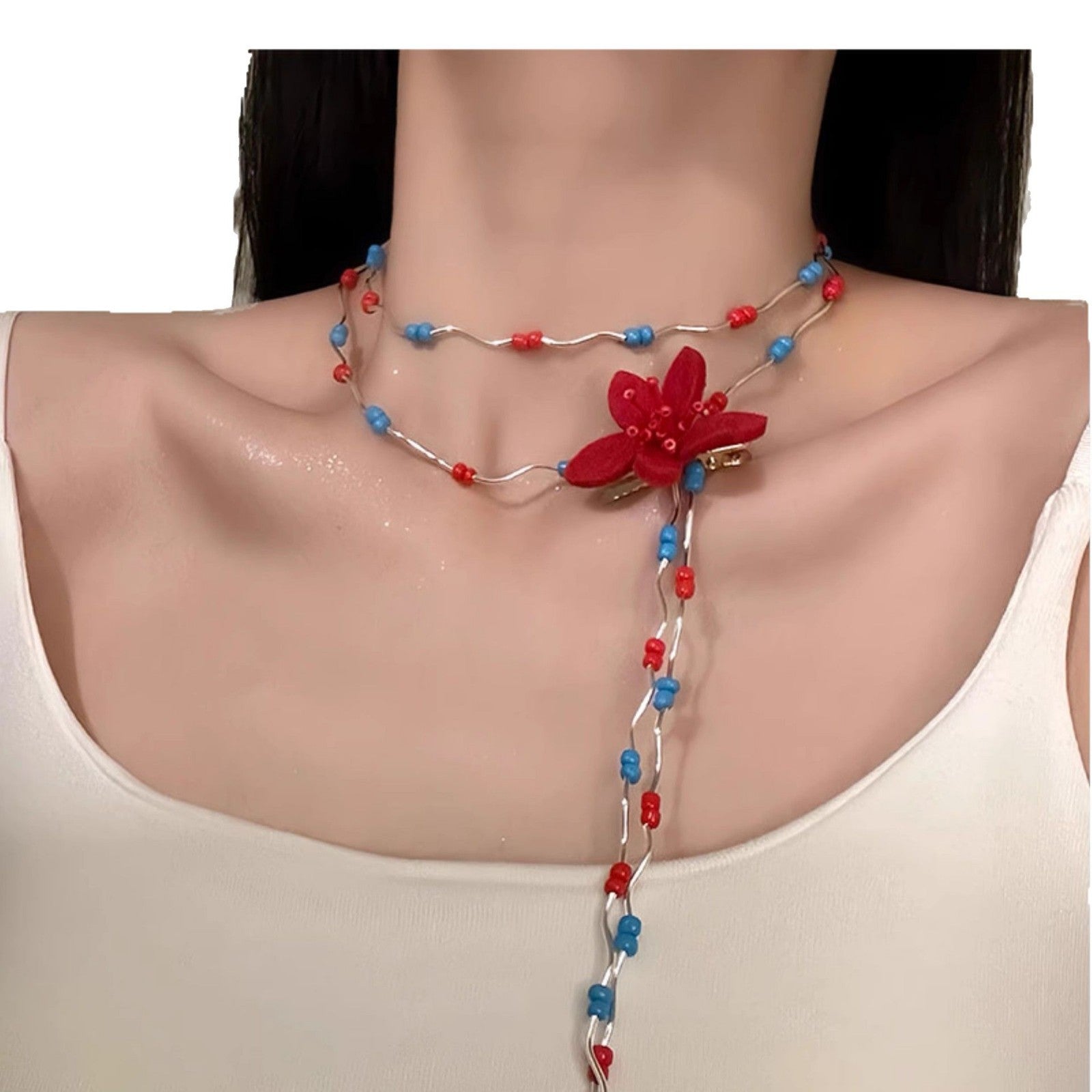 Wholesale Flower necklace red and blue beaded clavicle necklace