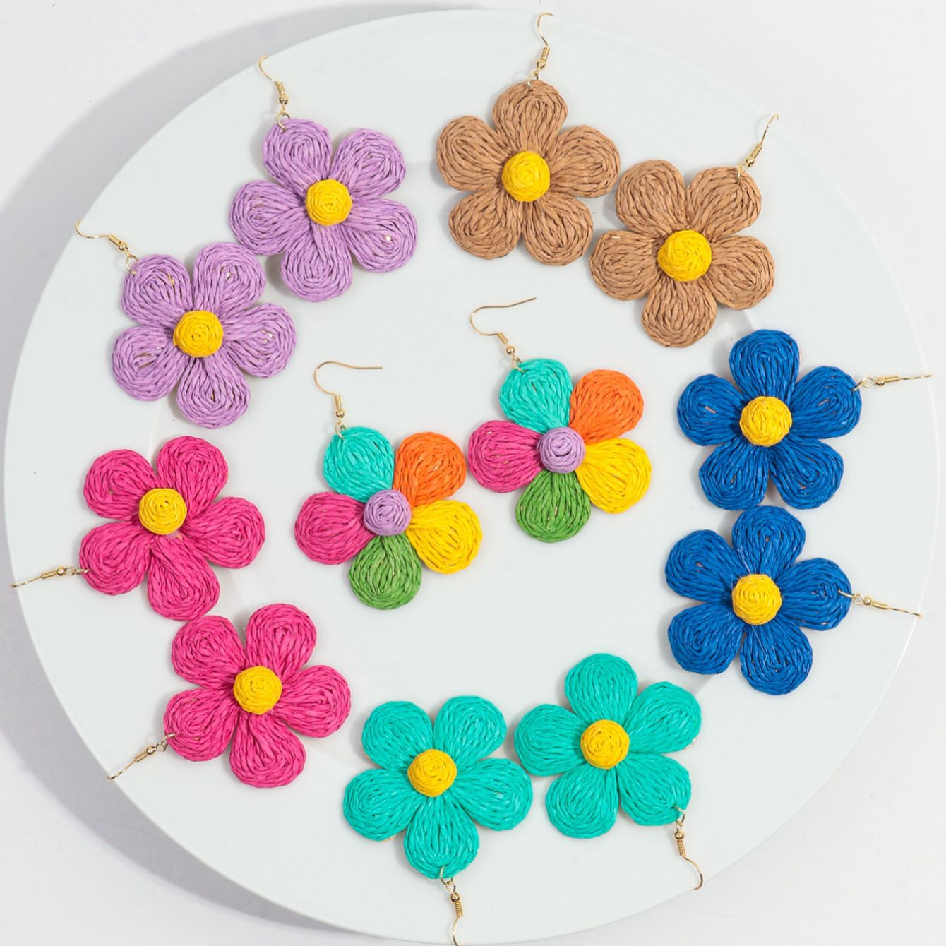 Wholesale Bohemian Handmade Raffia Flower Earrings Summer Seaside Vacation Fashion Accessory