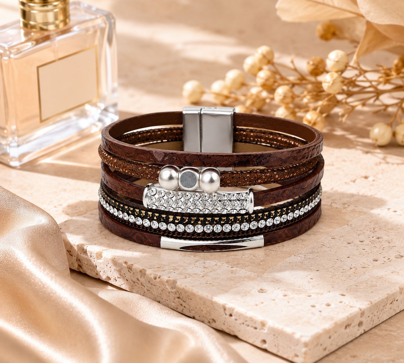 Wholesale Bohemian Multi Layer PU Leather Bracelet Women S Magnetic Clasp Rhinestone Retro Jewelry Accessory