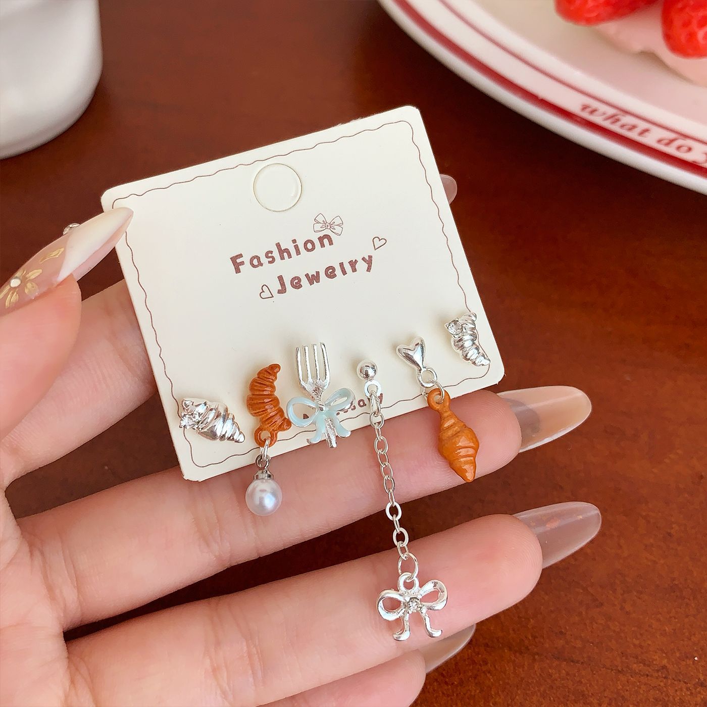 Wholesale Fun bread ice cream fruit dessert earrings silver needle sweet exquisite bow earrings