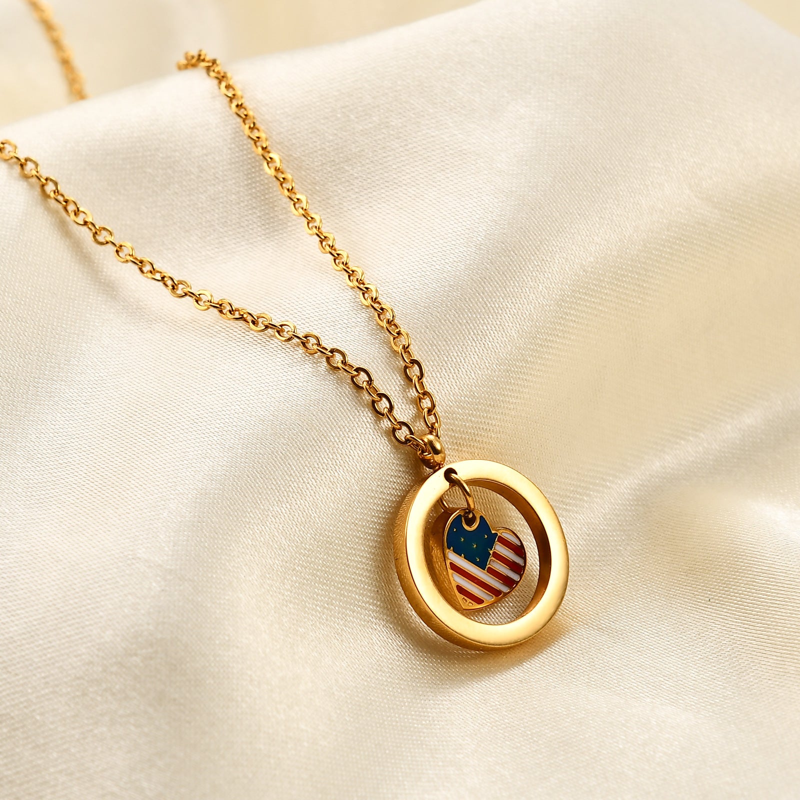 Wholesale American Independence Day Flag Heart Shape Titanium Steel Necklace ACC-NE-ZhongJi001