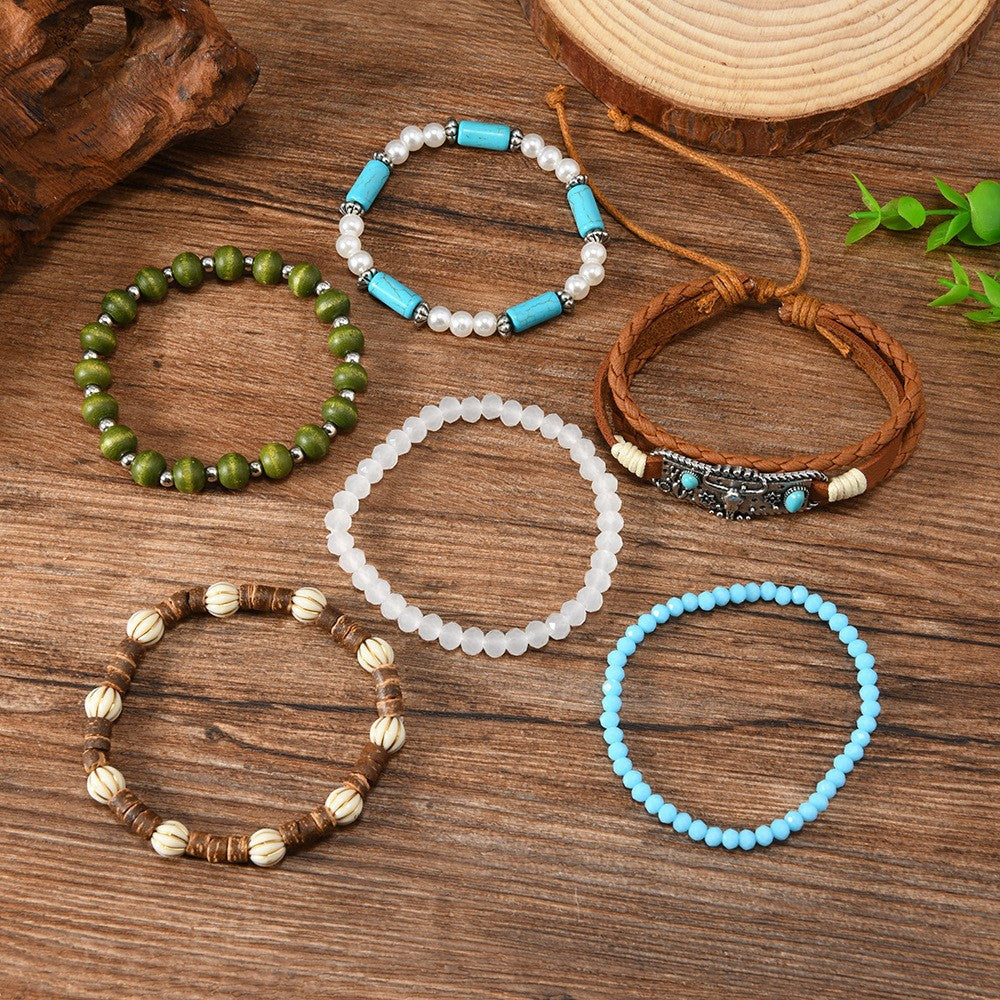 Wholesale Western style Layered Bracelet Set Turquoise Beaded Bracelet Leather Bracelet Jewelry